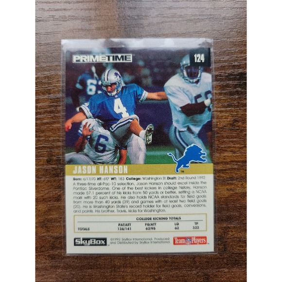 1992 Skybox Primetime #124 Jason Hanson - Rookie - Lions - NFL - Freshly Opened - Picture 2 of 2